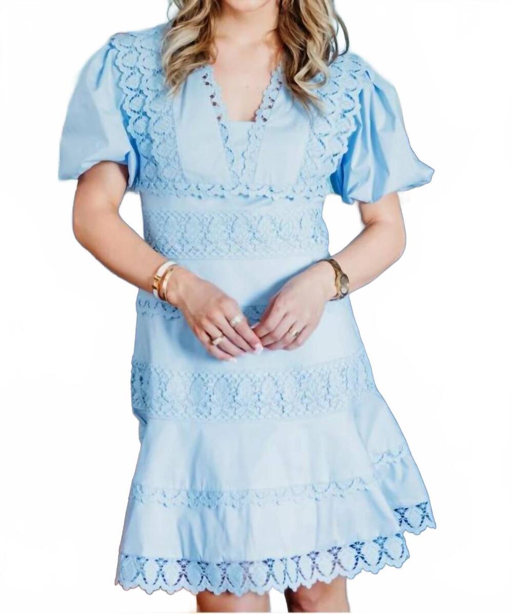 NEW KARLIE solid lace trim v neck dress in blue